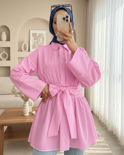 Yarım Düğmeli Beli Bağlamalı Yanı Fermuarlı Tunik  -Pembe-Tunik-120-1613-R20