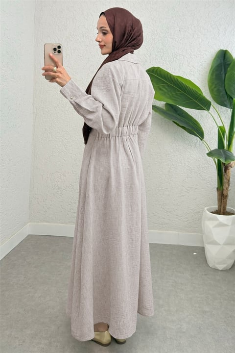 Yarım Düğmeli Beli Lastikli Keten Elbise  -Taş-Elbise-307-2292-R43