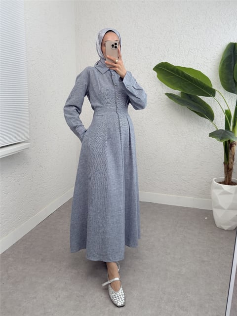 Yarım Düğmeli Beli Lastikli Keten Elbise  -Buz Mavi-Elbise-307-2292-R37