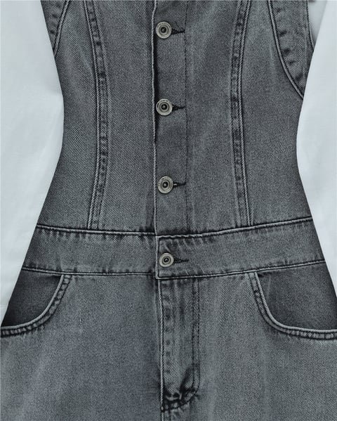 Yarım Düğmeli Cepli Kot Salopet -Füme-Tulum & Salopet-423-2150-R18