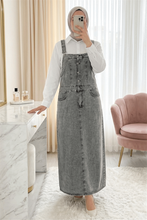 Yarım Düğmeli Cepli Kot Salopet -Füme-Tulum & Salopet-423-2150-R18