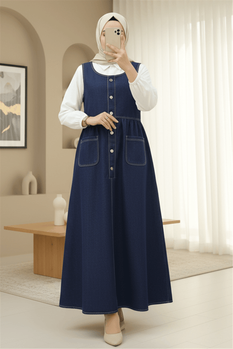 Yarım Düğmeli Çift Cepli Sıfır Kol Kot Elbise -Laci-Elbise-197-6125-R03