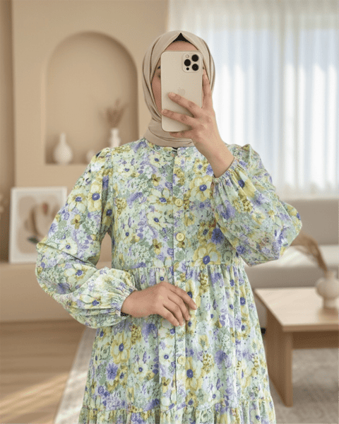 Yarım Düğmeli Kolu Lastikli Çiçek desenli Elbise -A.Yeşil-Elbise-347-0506-R69