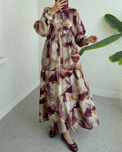 Yarım Düğmeli Kolu Lastikli Desenli Elbise -Bordo-Elbise-197-67862-R04