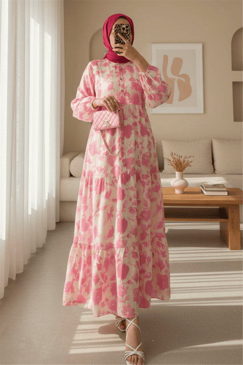 Yarım Düğmeli Kolu Lastikli Desenli Elbise -Pembe-Elbise-197-6786-R20