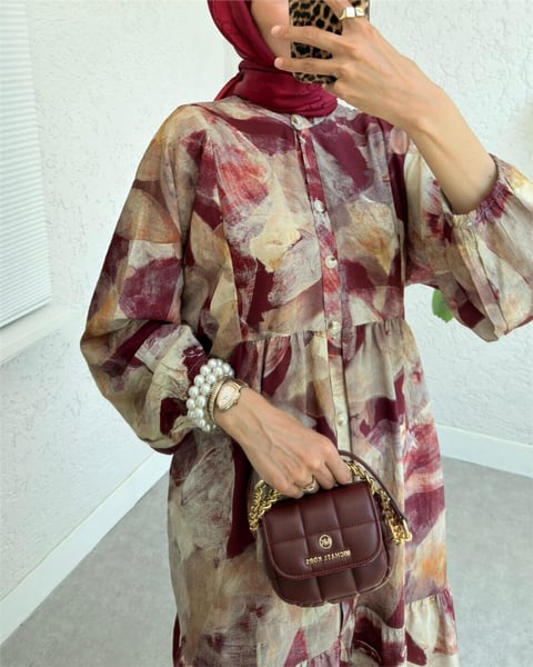 Yarım Düğmeli Kolu Lastikli Desenli Elbise -Bordo-Elbise-197-67862-R04