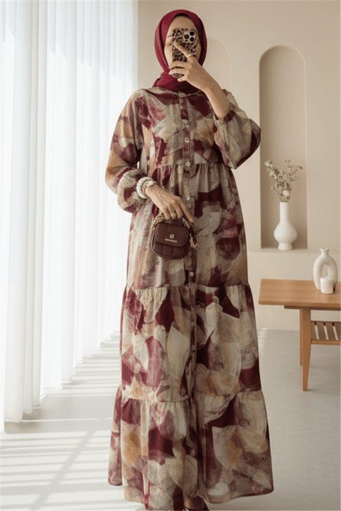 Yarım Düğmeli Kolu Lastikli Desenli Elbise -Bordo-Elbise-197-67862-R04