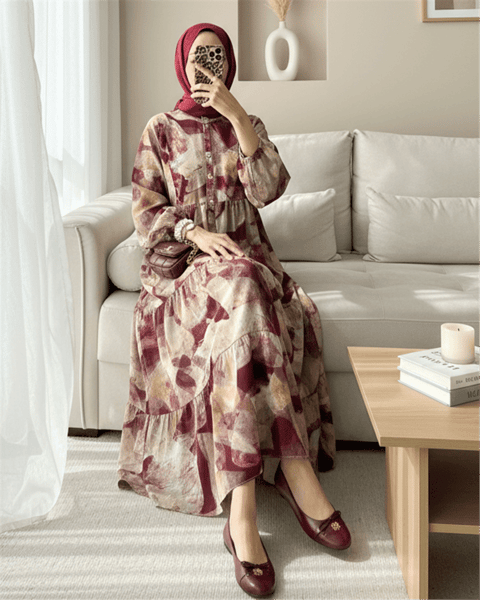 Yarım Düğmeli Kolu Lastikli Desenli Elbise -Bordo-Elbise-197-67862-R04