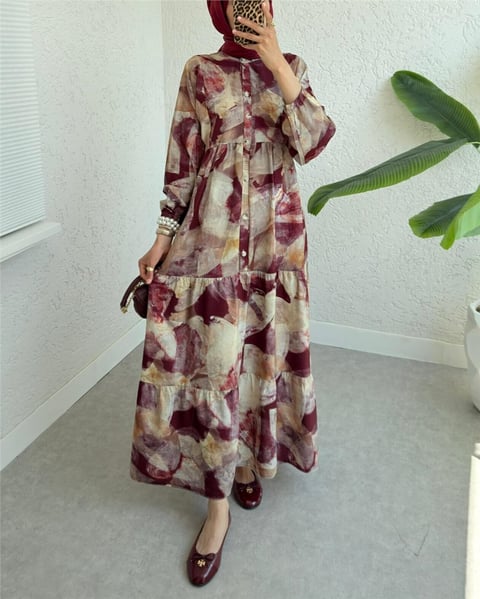 Yarım Düğmeli Kolu Lastikli Desenli Elbise -Bordo-Elbise-197-67862-R04