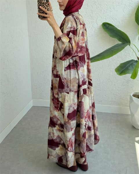 Yarım Düğmeli Kolu Lastikli Desenli Elbise -Bordo-Elbise-197-67862-R04
