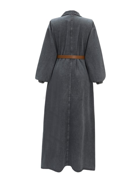 Yarım Düğmeli Kolu Lastikli Kemerli Kot Elbise -Füme-Elbise-197-6140-R18