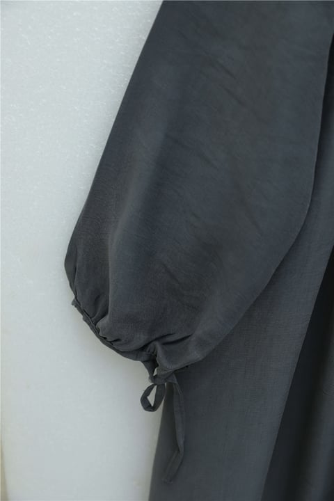 Yarım Düğmeli Nervürlü Bağcıklı Tensel Elbise -Füme-Elbise-307-0094-R18