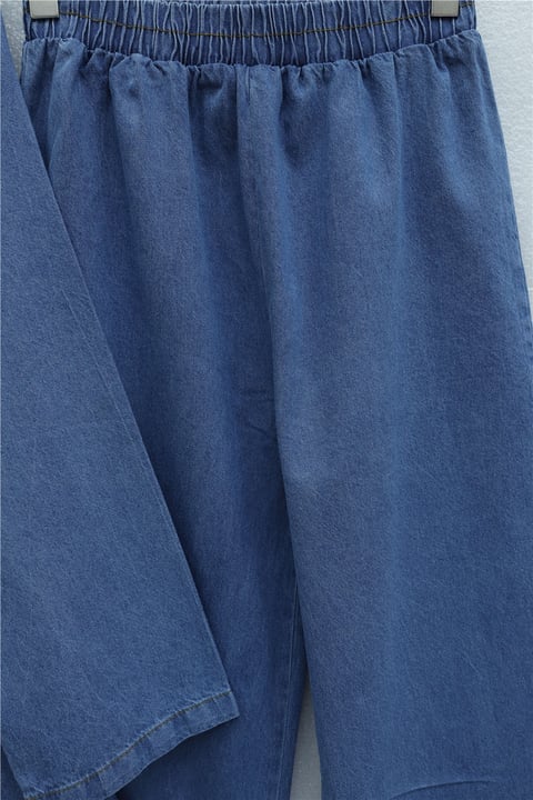 Yarım Düğmeli Önü Pliseli Beli Bağlamalı Pantolonlu Kot Takım    -Mavi-Takım-349-202507-R31