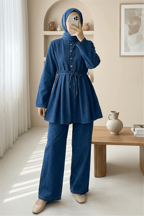 Yarım Düğmeli Önü Pliseli Beli Bağlamalı Pantolonlu Kot Takım  -İndigo-Takım-349-202507-R21