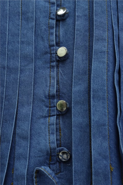 Yarım Düğmeli Önü Pliseli Beli Bağlamalı Pantolonlu Kot Takım    -Mavi-Takım-349-202507-R31