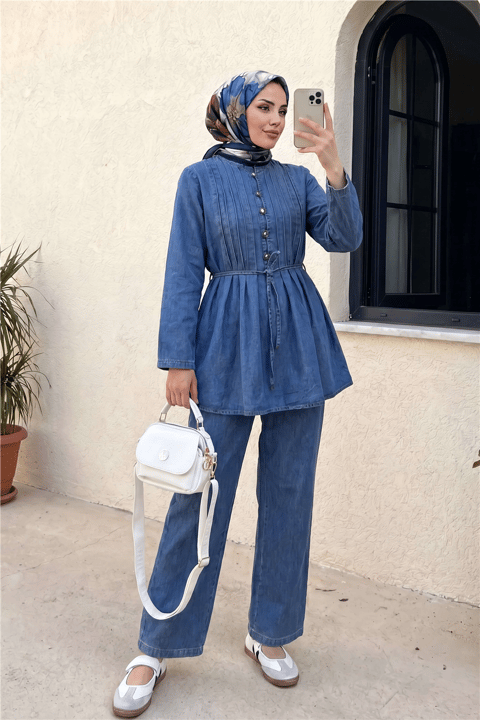 Yarım Düğmeli Önü Pliseli Beli Bağlamalı Pantolonlu Kot Takım    -Mavi-Takım-349-202507-R31