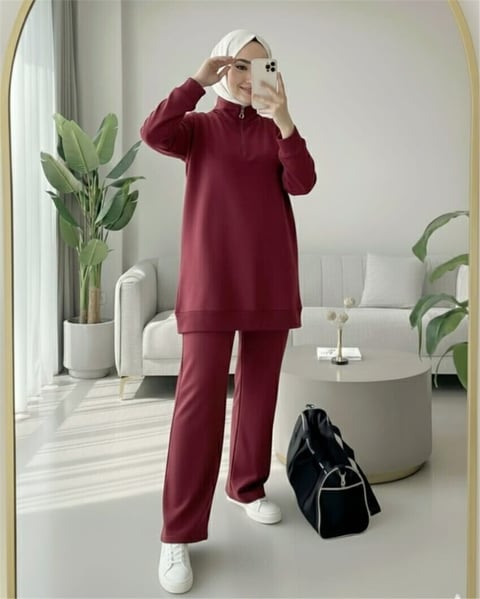 Yarım Fermuarlı Boğazlı Penye Takım -Bordo-Takım-349-7080-R04