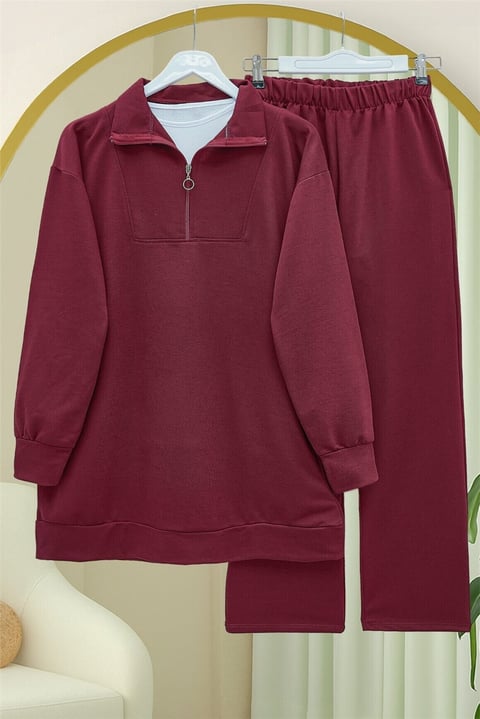 Yarım Fermuarlı Boğazlı Penye Takım -Bordo-Takım-349-7080-R04