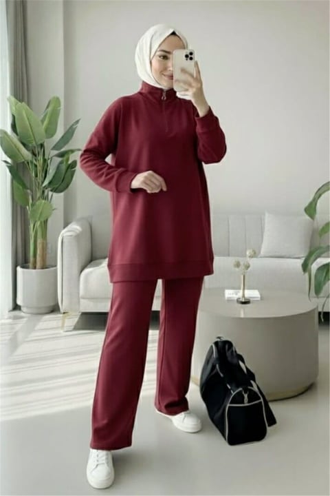 Yarım Fermuarlı Boğazlı Penye Takım -Bordo-Takım-349-7080-R04