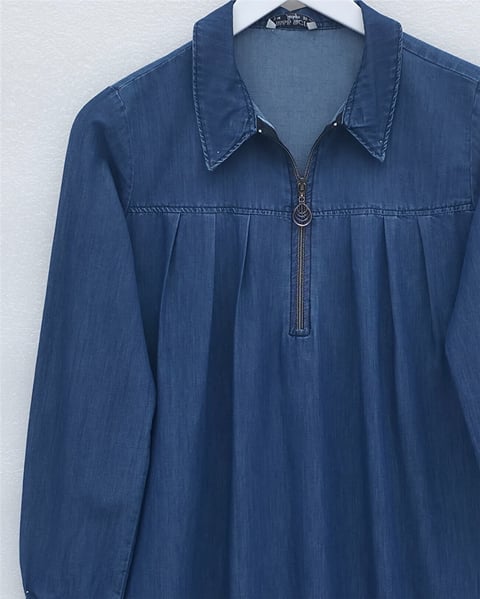 Yarım Fermuarlı Kolu Lastikli Kot Tunik -İndigo-Tunik-186-4671-R21