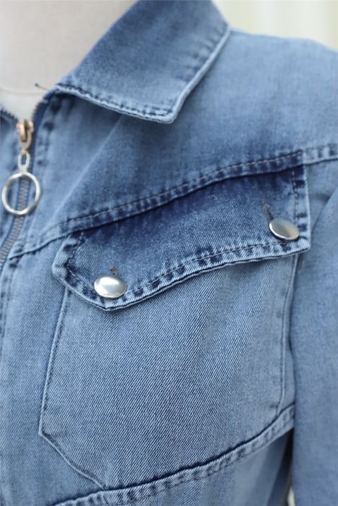 Yarım Fermuarlı Tünel Bağcıklı Kolu Lastikli Kot Elbise -Buz Mavi-Elbise-197-6116-R37