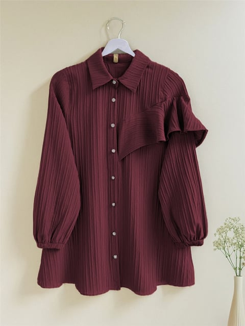 Gömlek-Yarım Fırfır Detaylı Kolu Lastikli Gömlek -Bordo-398-1025-R04