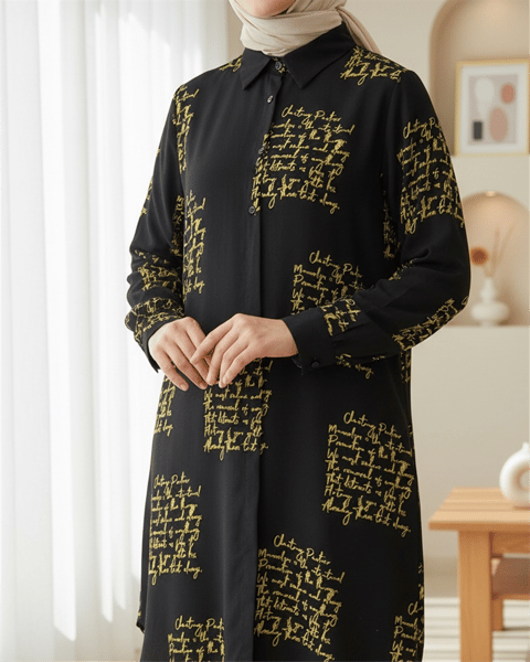 تونيك مطبوع بالنص - أصفر-Tunik-199-0664-R22