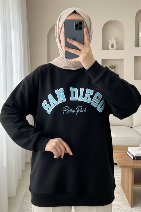 Yazı Nakışlı 3 İplik Sweat -Siyah-Sweatshirt-357-3049-R01