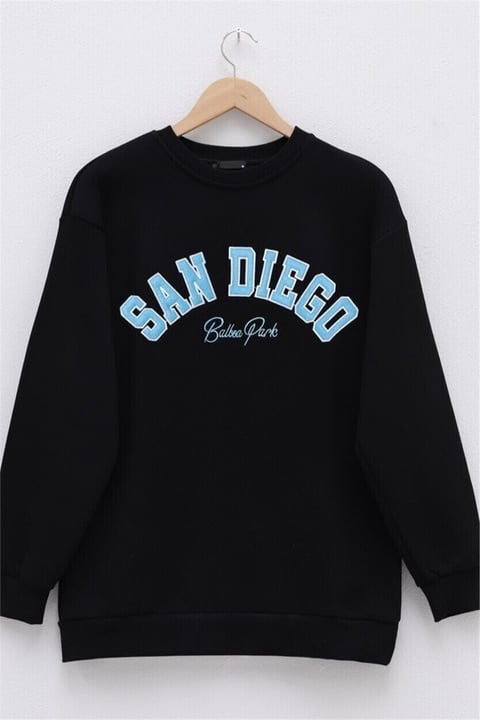Yazı Nakışlı 3 İplik Sweat -Siyah-Sweatshirt-357-3049-R01
