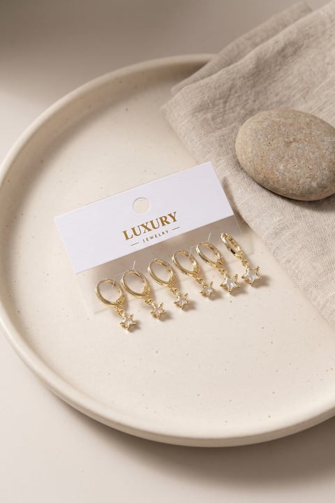 Yıldız Zirkon Taşlı Gold Renk Pirinç Set Küpe