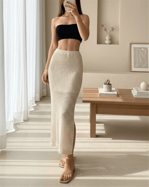 Yırtmaçlı Astarlı Triko Etek -Krem-Etek-286-1041-R28