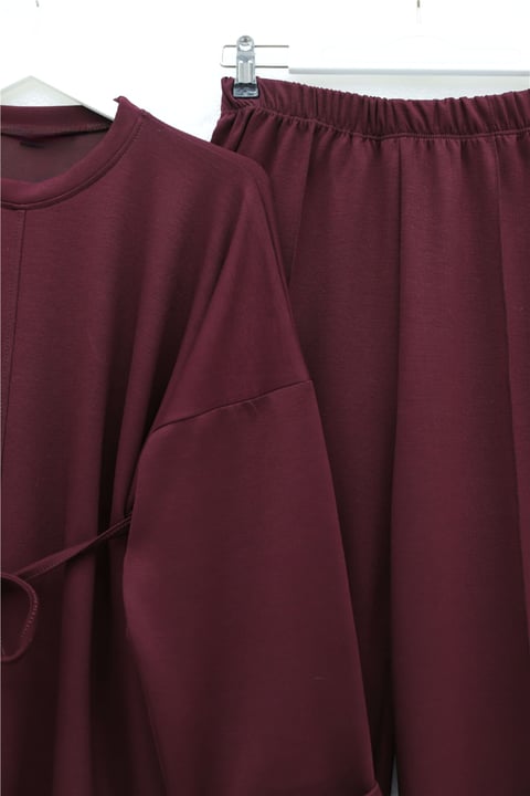 Yırtmaçlı Beli Bağcıklı Kolu Katlamalı Pantolonlu Oyşo Takım -Bordo-Takım-436-10061-R04