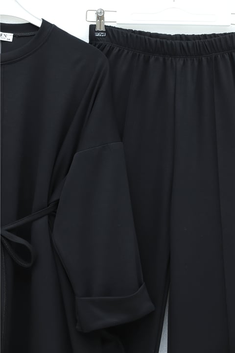 Yırtmaçlı Beli Bağcıklı Kolu Katlamalı Pantolonlu Oyşo Takım -Siyah-Takım-436-10061-R01