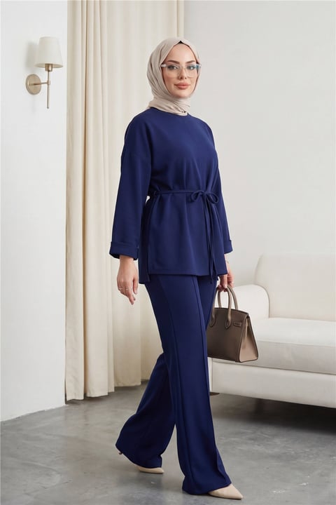 Yırtmaçlı Beli Bağcıklı Kolu Katlamalı Pantolonlu Oyşo Takım -Laci-Takım-436-10061-R03