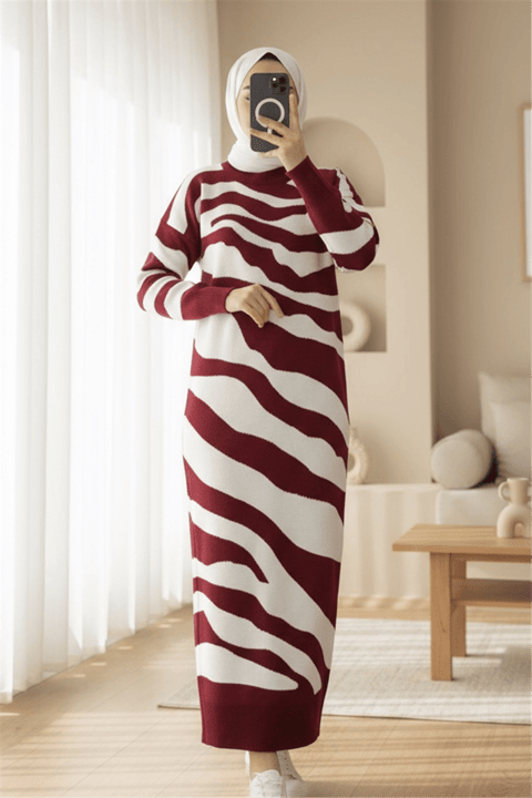 Yırtmaçlı Desenli Triko Elbise   -Bordo-Elbise-384-45-R04