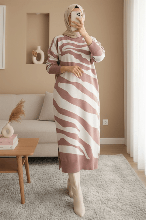 Yırtmaçlı Desenli Triko Elbise  -G.Kurusu-Elbise-384-45-R27