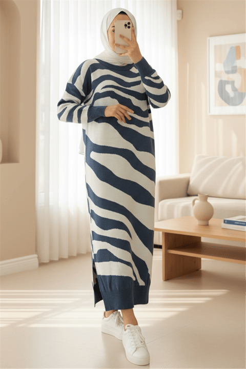 Yırtmaçlı Desenli Triko Elbise -İndigo-Elbise-384-45-R21