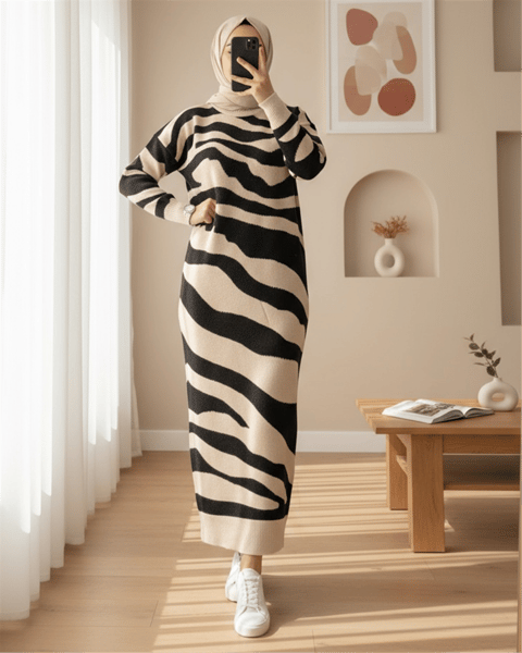 Yırtmaçlı Desenli Triko Elbise -Taş-Elbise-384-45-R43