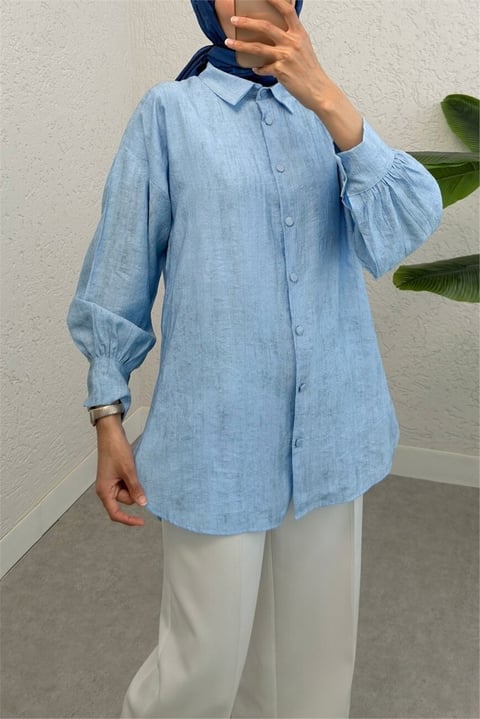 Yırtmaçlı Eteği Oval Kesim Gömlek -Bebe Mavi-Gömlek-398-1011-R32