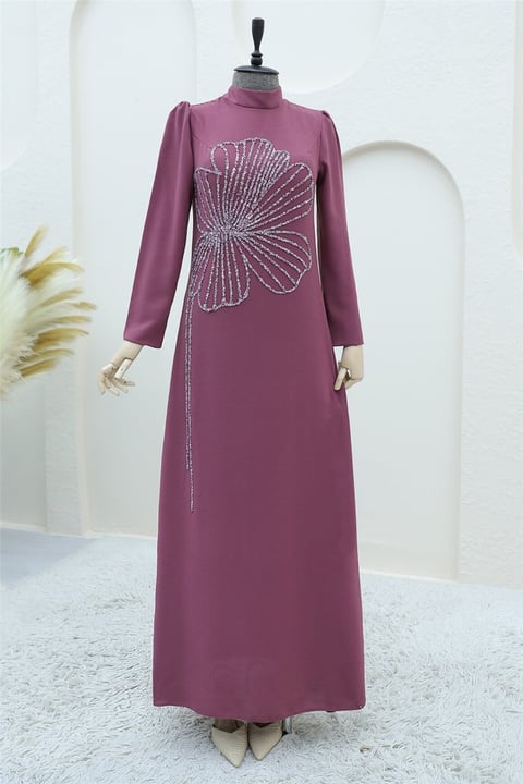 فستان سهرة من الكريب ذو الياقة العالية منقوش بأحجار البرسيم -G.Kurusu-Krep Abiye-316-4599-R27