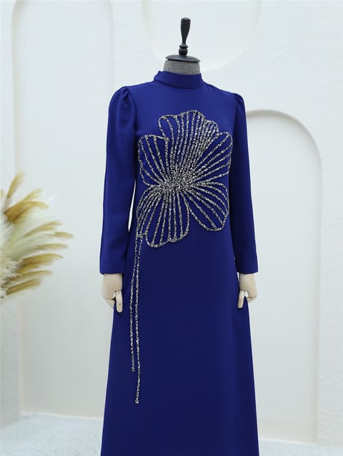 فستان سهرة من الكريب ذو الياقة العالية منقوش بحجر البرسيم - أزرق داكن-Krep Abiye-316-4599-R03