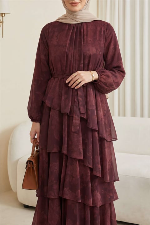 Yoryo Desenli Eteği Katlı Beli Bağcıklı Astarlı Şifon Elbise -Bordo-Elbise-114-5152-R04