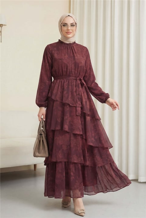 Yoryo Desenli Eteği Katlı Beli Bağcıklı Astarlı Şifon Elbise -Bordo-Elbise-114-5152-R04