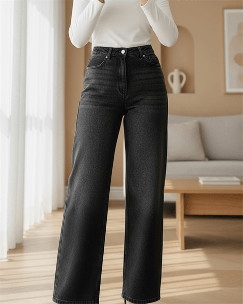 Yüksek Bel Likralı Cepli Bol Paça Kot Pantolon -Siyah-Pantolon-427-6034-R01