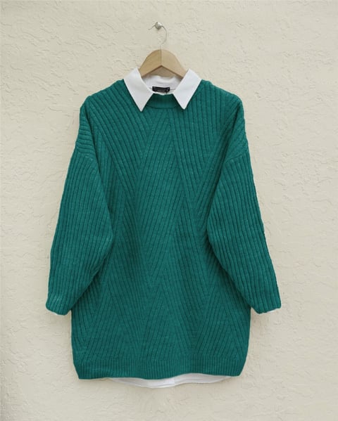 Yürütme Örgü Baklava Desenli Triko Tunik      -Zümrüt-Triko Tunik-397-7852-R17