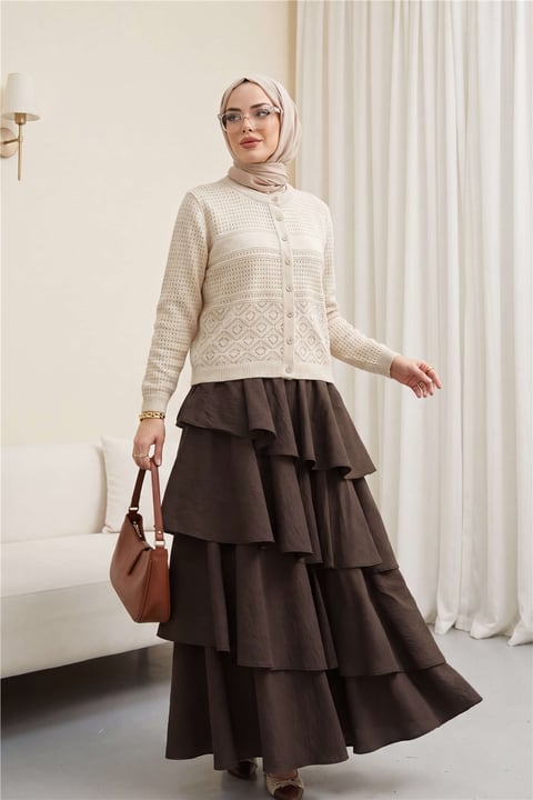 Yuvarlak Yaka Ajurlu Düğmeli Triko Hırka  -Taş-Hırka-109-9210-R43