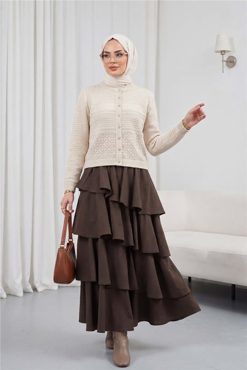 Yuvarlak Yaka Ajurlu Düğmeli Triko Hırka  -Taş-Hırka-109-9210-R43
