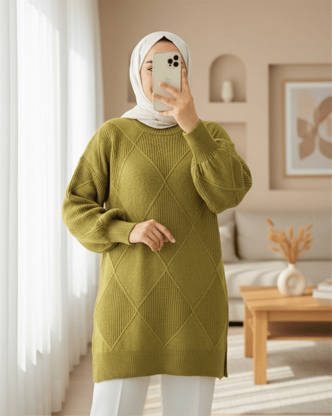 Yuvarlak Yaka Baklava Desen Yırtmaçlı Triko Kazak -Yağ Yeşili-Kazak-295-4518-R72