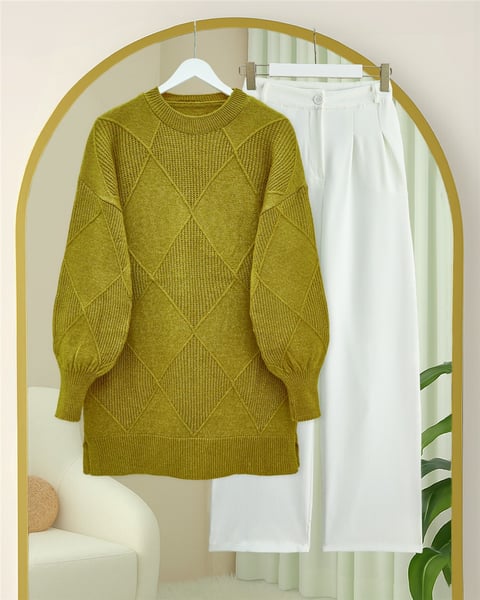 Yuvarlak Yaka Baklava Desen Yırtmaçlı Triko Kazak -Yağ Yeşili-Kazak-295-4518-R72