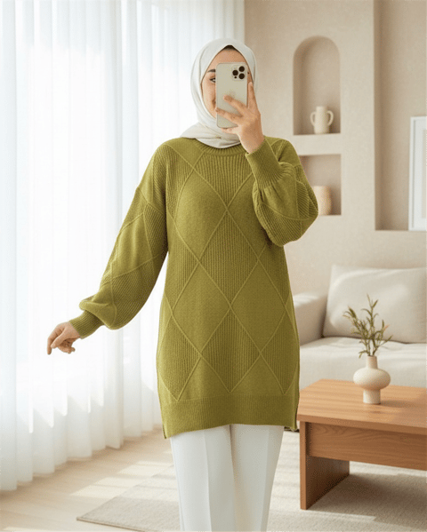 Yuvarlak Yaka Baklava Desen Yırtmaçlı Triko Kazak -Yağ Yeşili-Kazak-295-4518-R72